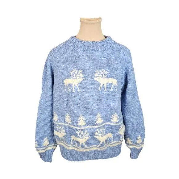 Vintage Light Blue and White Moose Holiday Sweater Sz L - Picture 1 of 8